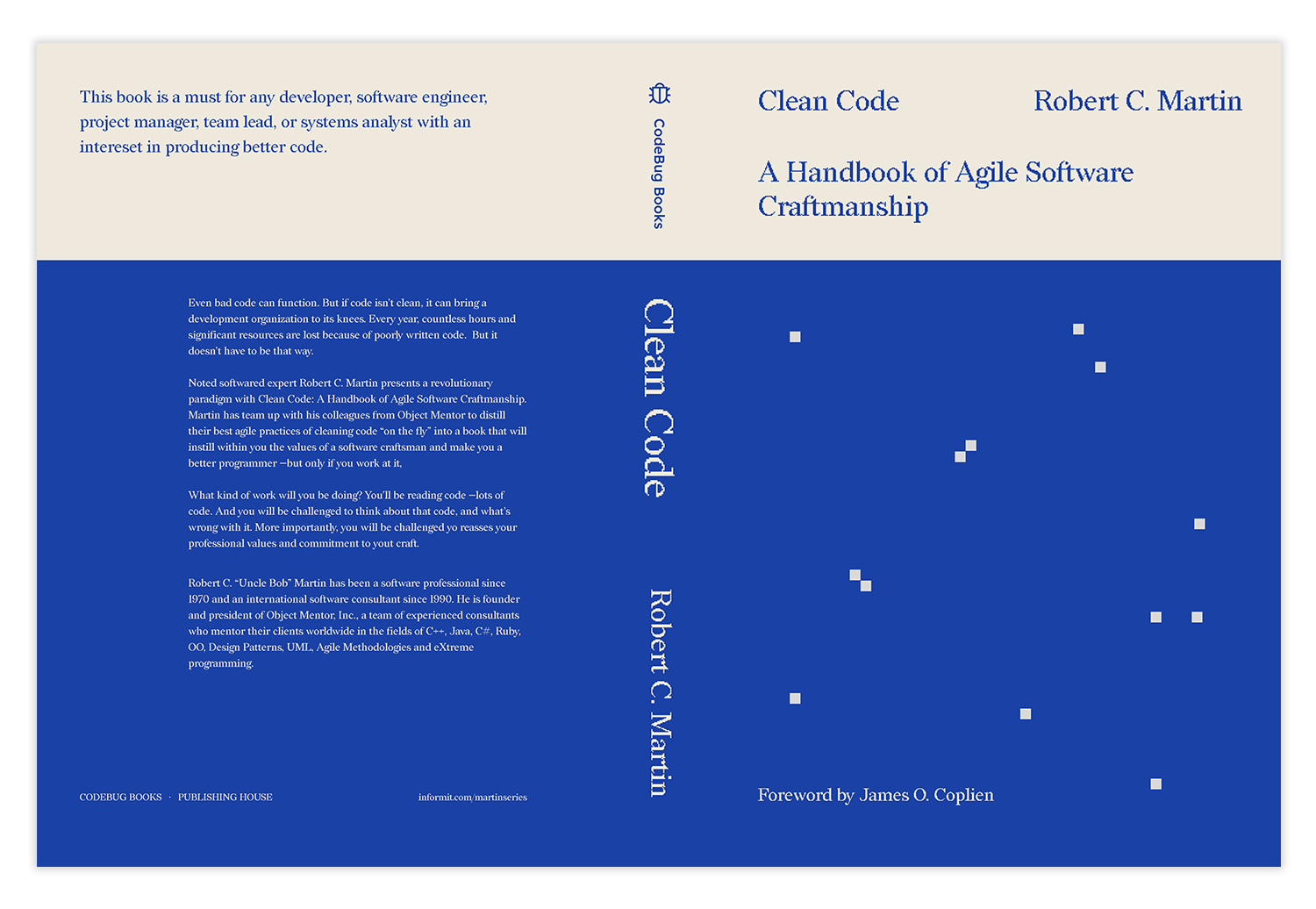 Cover design for "Clean Code". It is a vector design in electric blue and cream colors. It displays the front cover, spine, and back cover. On the front cover, there are small square pixels depicting a starry sky.