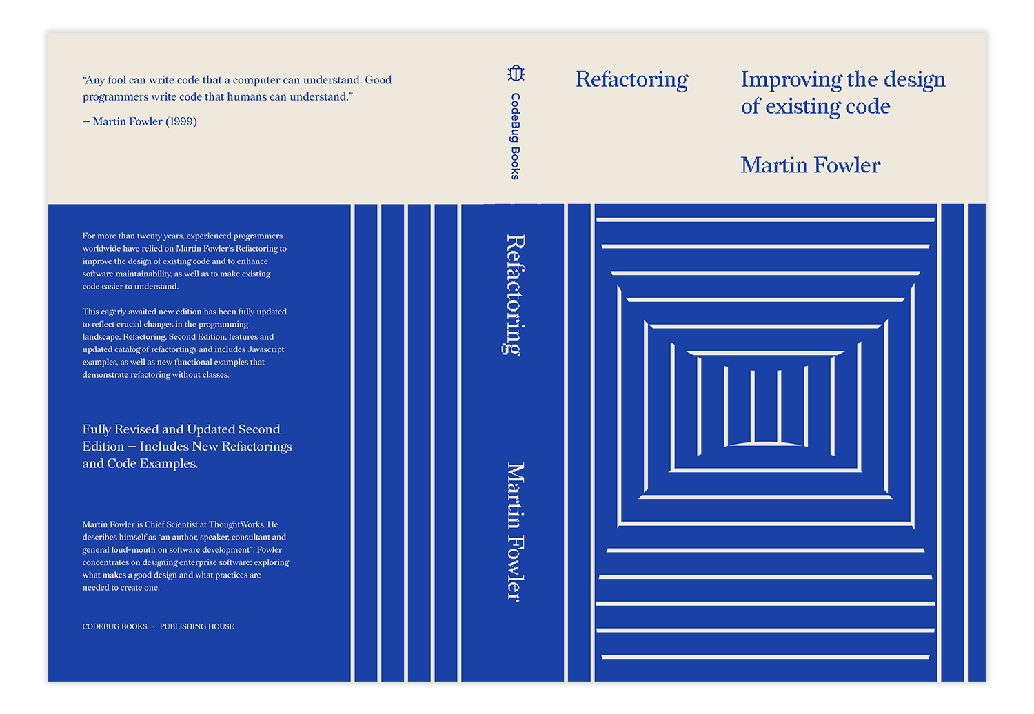 Cover design for "Refactoring". It is a vector design in electric blue and cream colors. It displays the front cover, spine, and back cover. On the front and back covers, there is a square and several circles formed by patterns of lines in different directions, creating an optical illusion.